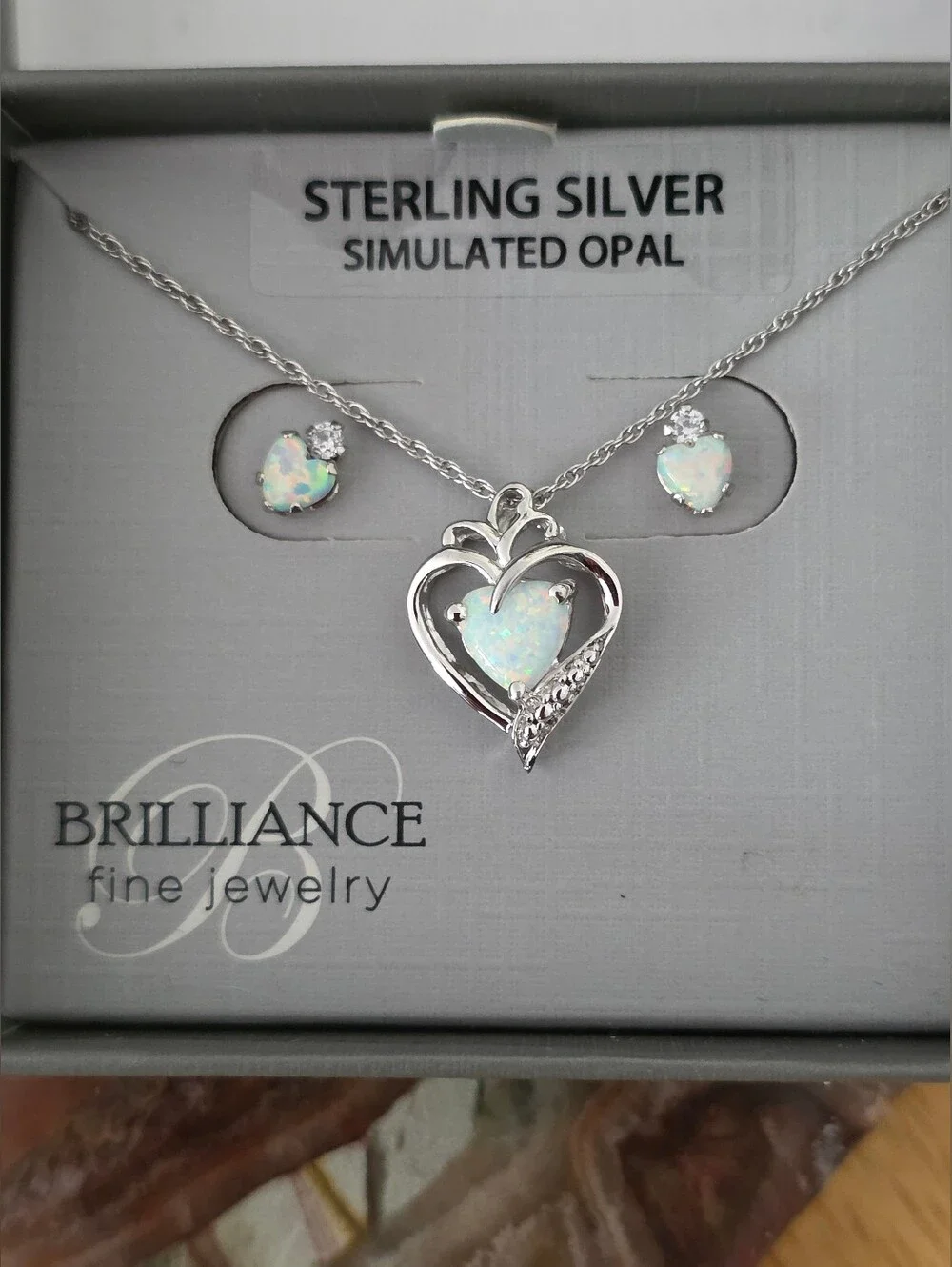 Sterling Silver Heart Necklace And Earrings with Simulated White Opal And CZ NWT